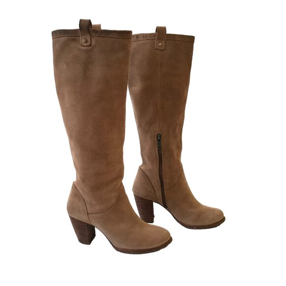 UGG Ava Knee High Tall Suede Boots Womens 6.5 Brown Tan Block Heels Leather Zip - Picture 6 of 16